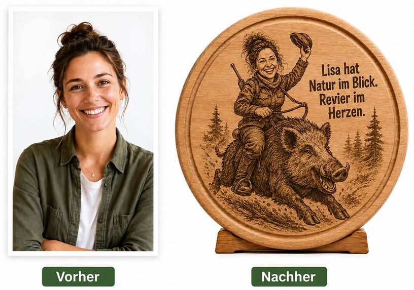 Vom eigenen Foto zur individuellen Karikatur als Lasergravur auf einem Jausenbrett