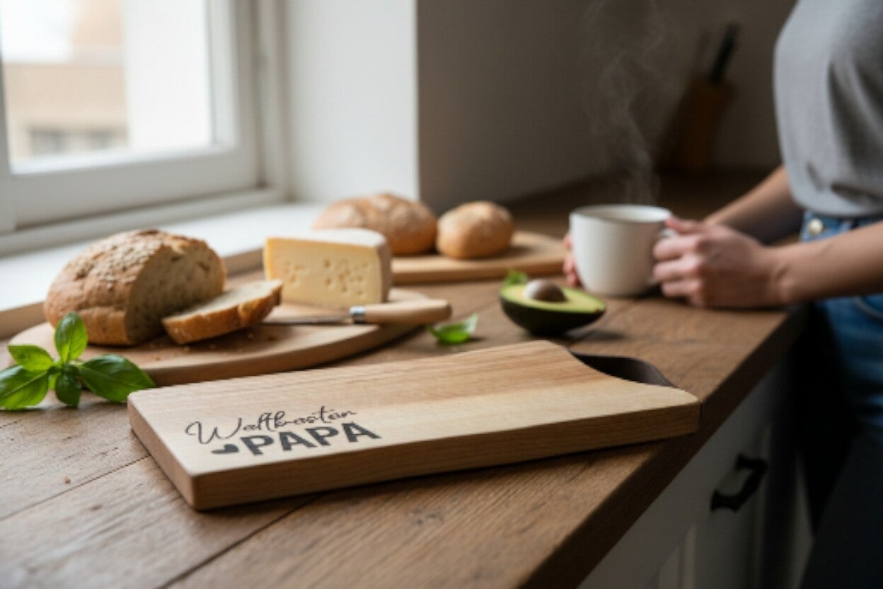 Personalisiertes Jausenbrett mit Weltbester-Papa-Gravur als Vatertagsgeschenk aus Holz
