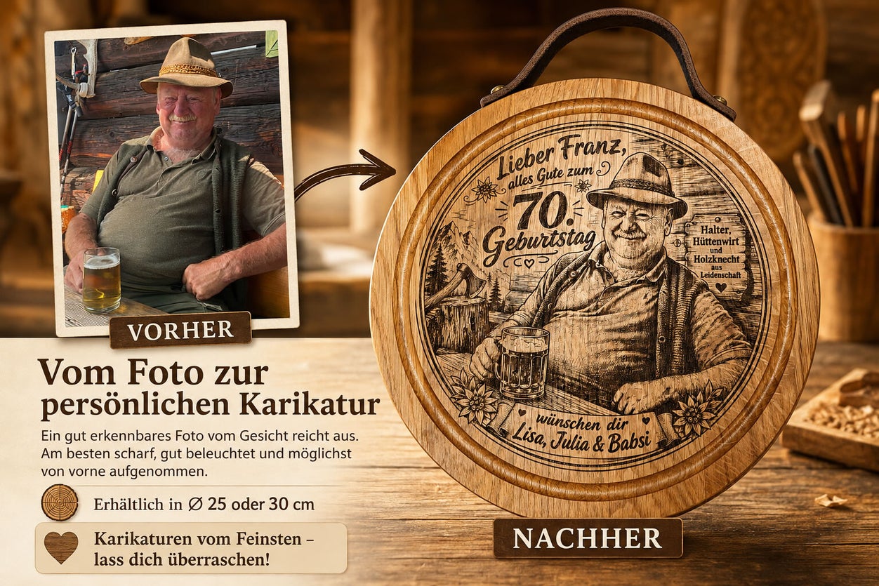 Rundes Jausenbrett aus Eiche mit persönlicher Karikatur vom eigenen Foto