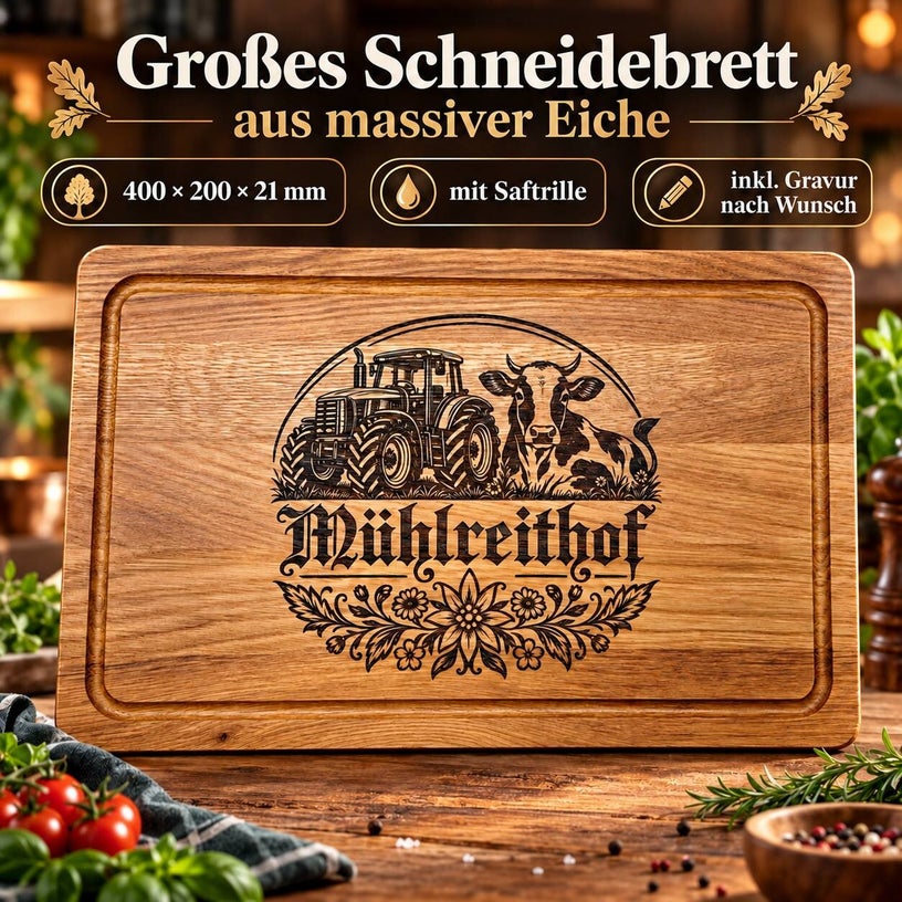 Großes Schneidebrett aus massivem Eichenholz mit Saftrille und Wunschgravur