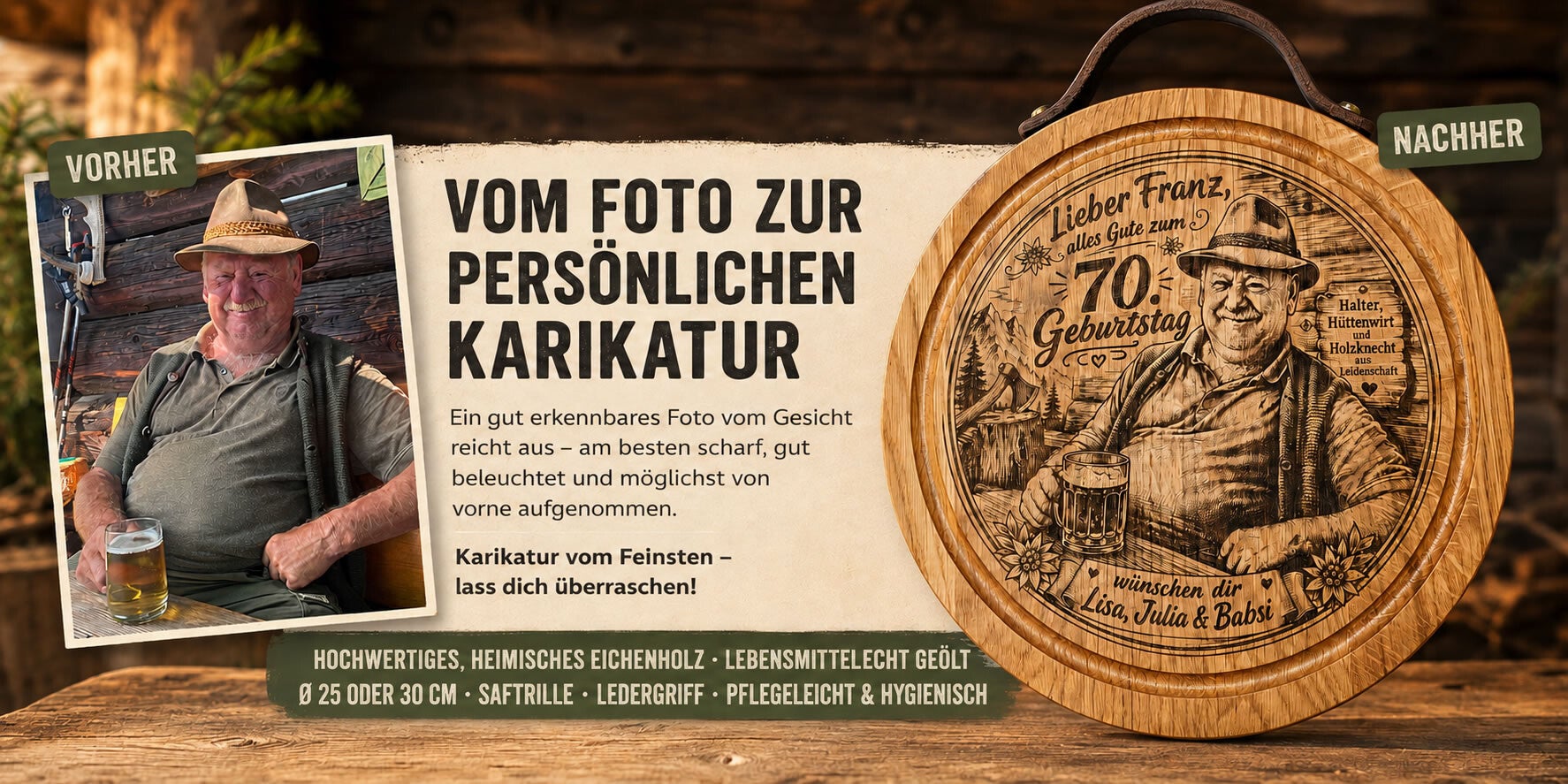 Vom Foto zur persönlichen Karikatur auf einem runden Jausenbrett aus Eiche
