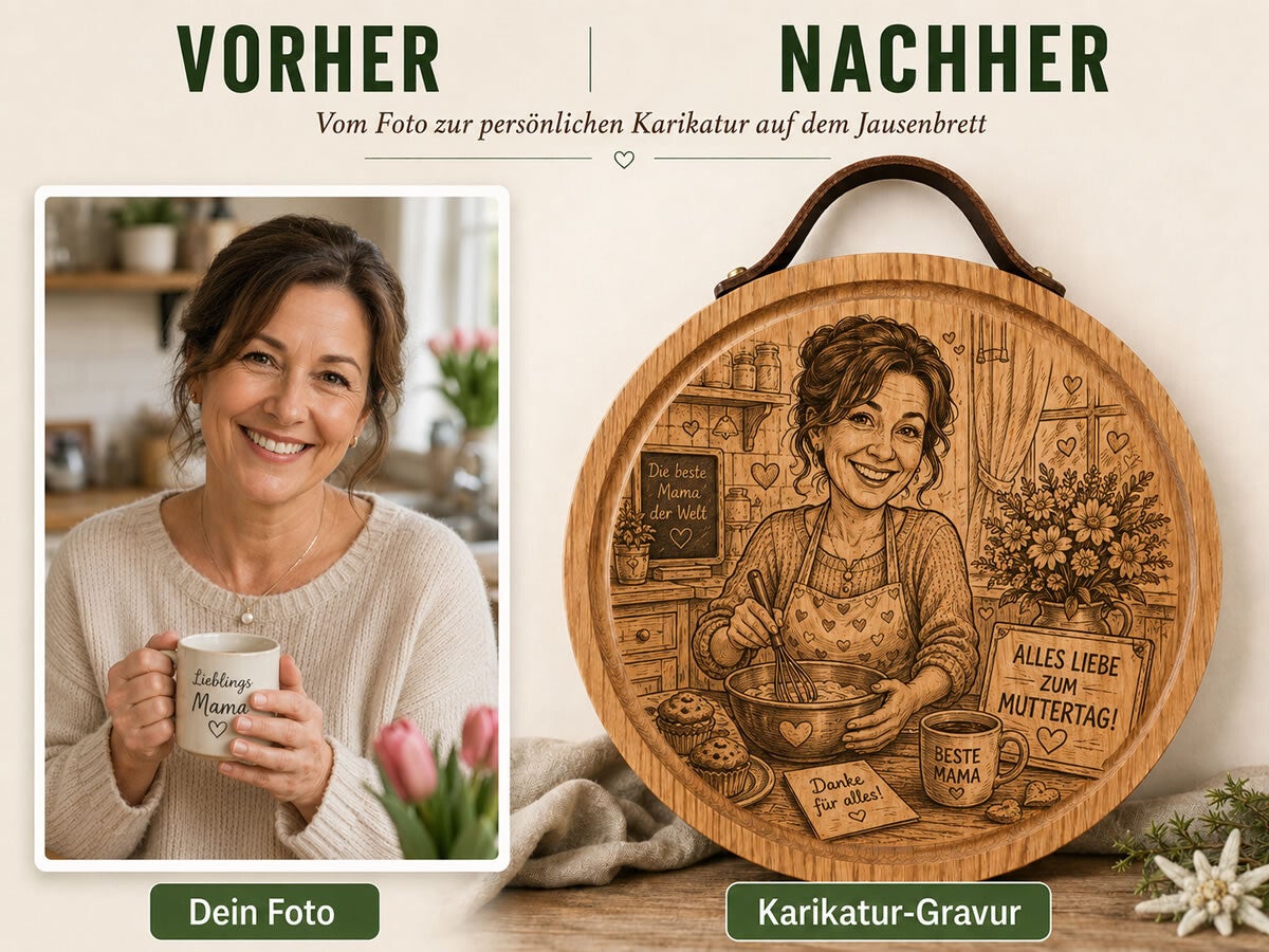 Vorher-Nachher: Jausenbrett mit persönlicher Karikatur vom Foto zum Muttertag