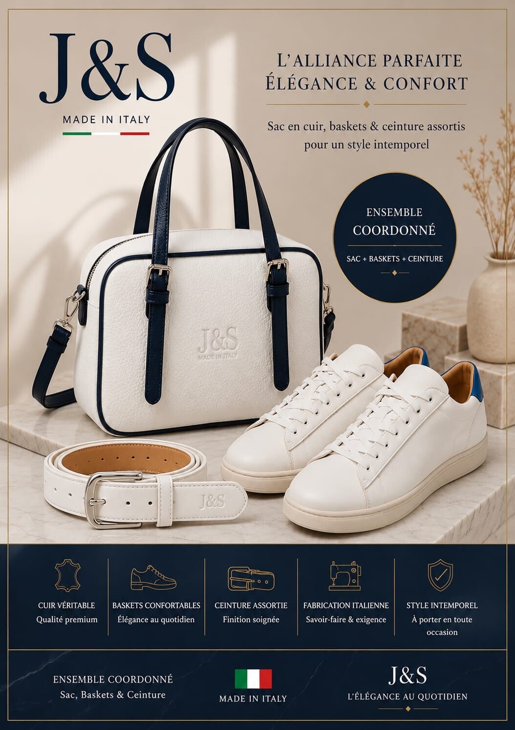 Collection 3 en 1 Miss Jasmine J&S – Cuir véritable Made in Italy 🇮🇹