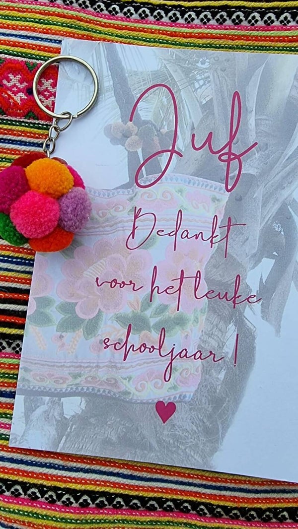 Sleutelhanger bolletje met kaart voor juf