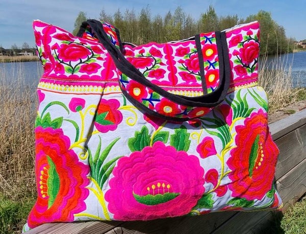 Tante Troela Tas Ibiza roze&rode bloem