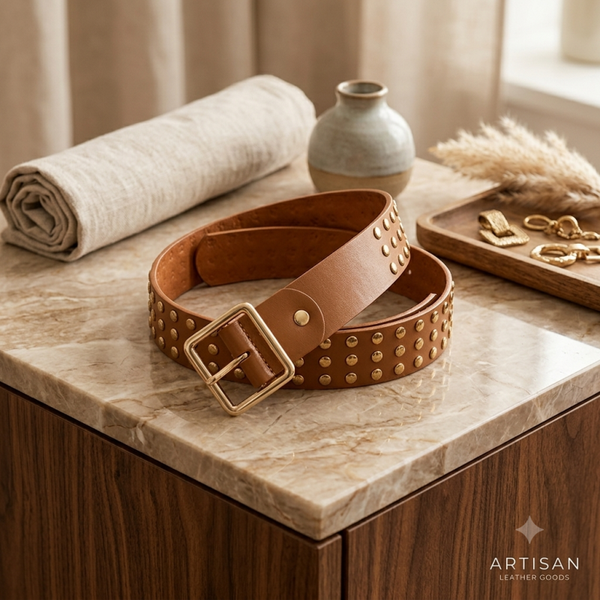 ​Stoere Cognacbruine Riem met Studs – NEXT LVL Collection