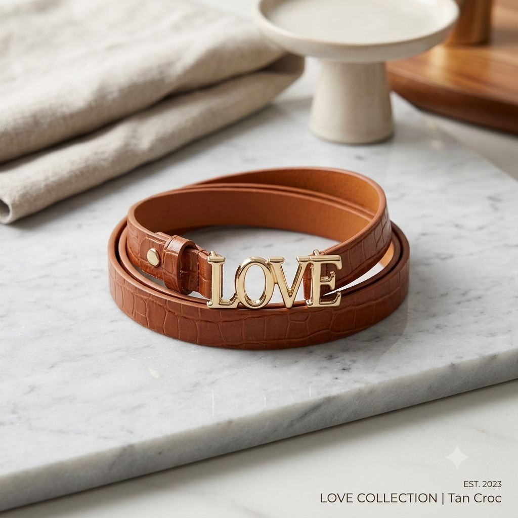 ​Stijlvol met een Touch of Love: Bruine Leren Riem met Goudkleurige 'LOVE' Gesp