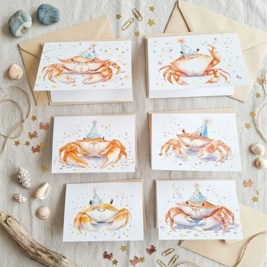​Feestelijke Krabben Wenskaarten – Vrolijke Aquarelkaarten voor Elk Feestje! 🦀🎉