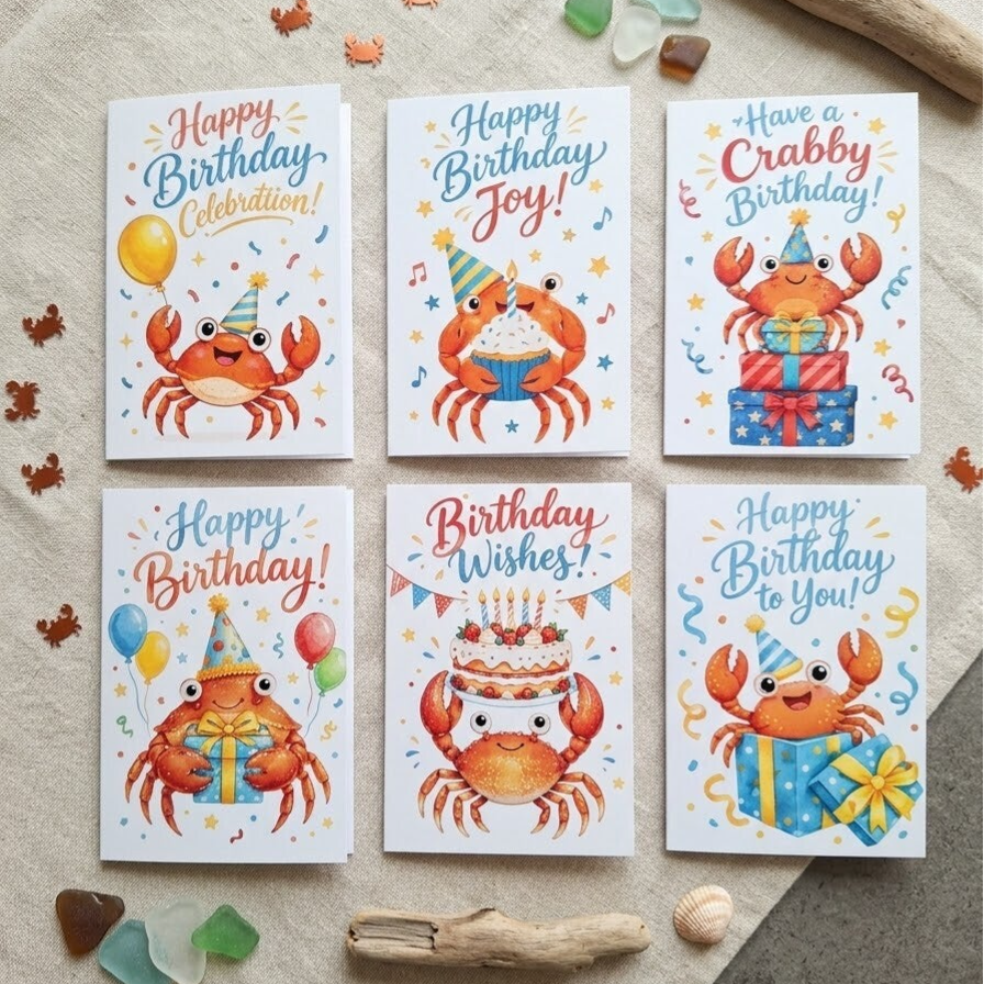 Vrolijke Krab Verjaardagskaarten – Unieke Aquarel Wenskaarten voor Elke Jarige! 🦀🎂