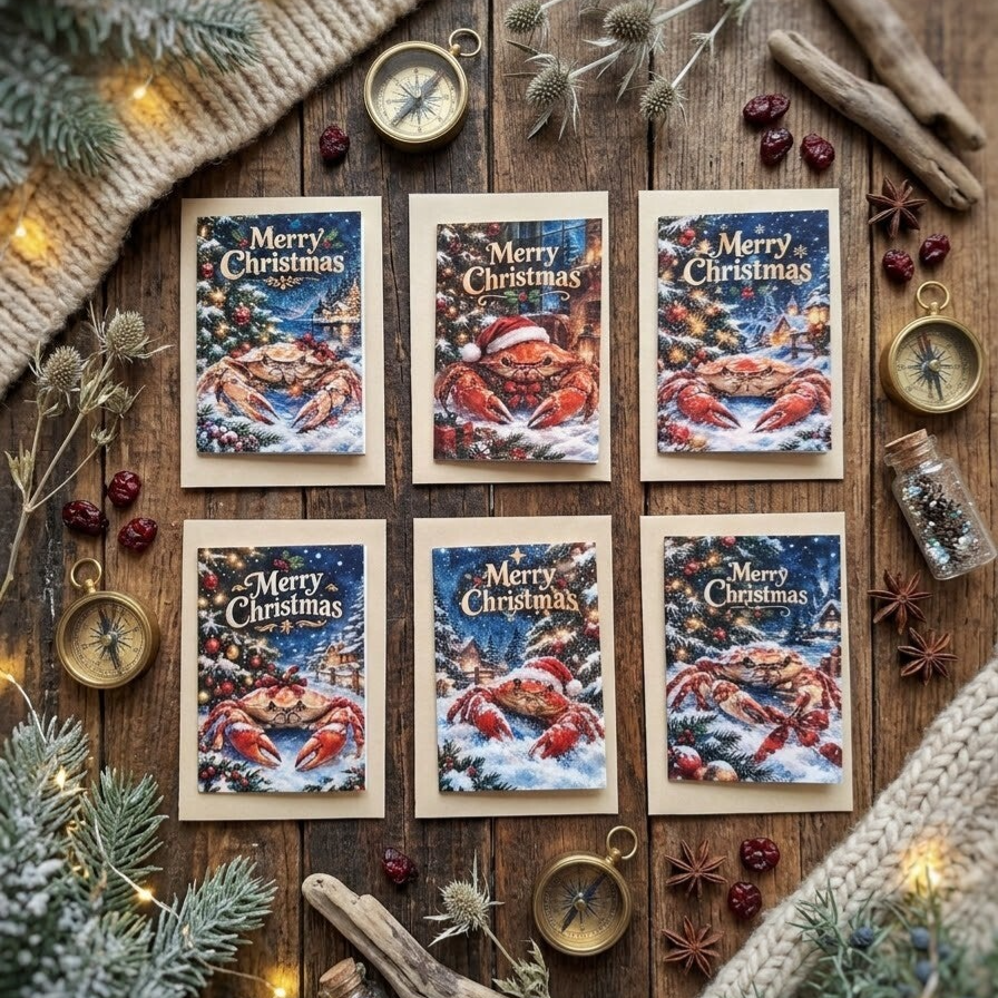 ​🎄 Unieke Kerstwenskaarten – Feestelijke Krabben in Kerstsfeer