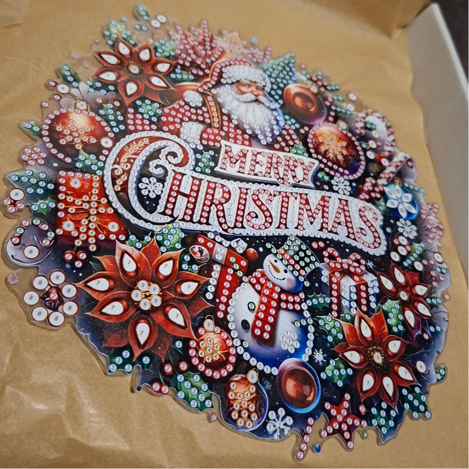 Diamond Painting Kerstkrans Set – Kerstman, Sneeuwpop & "Merry Christmas"