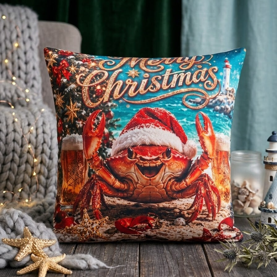​Kerstkussen Krab (40x40 cm) – Sfeervolle & Unieke Kerstdecoratie