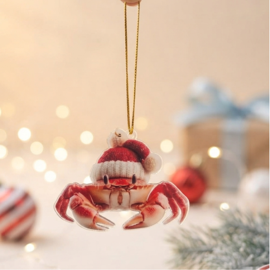 ​Unieke Acryl Kersthanger Krab (Met Kerstmuts!) 🦀🎄