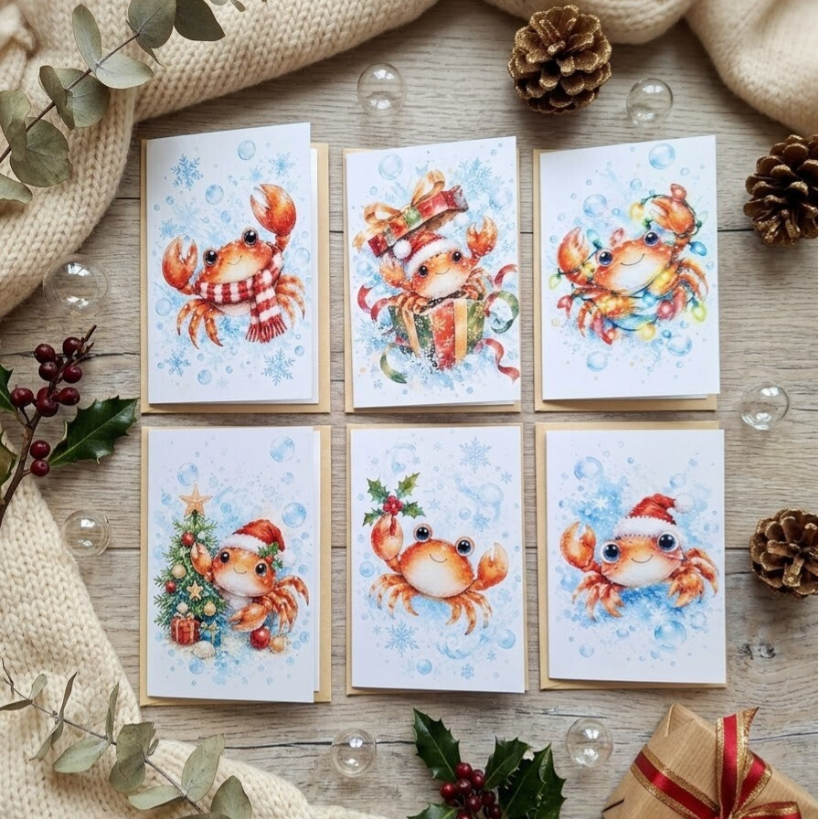 ​Unieke Aquarel Kerstkaarten met Schattige Krabbetjes 🦀🎄