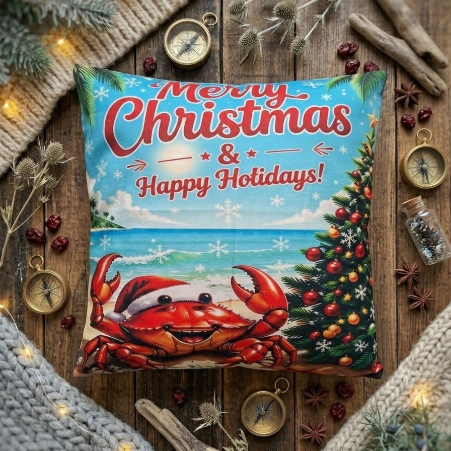​Kerst Sierkussen "Merry Christmas & Happy Holidays" – Tropische Krab op het Strand 🦀🎄