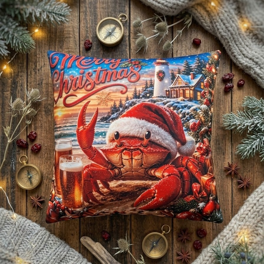 ​Kerstkussen Krab met Vuurtoren (40x40 cm) – Maritieme Kerstsfeer