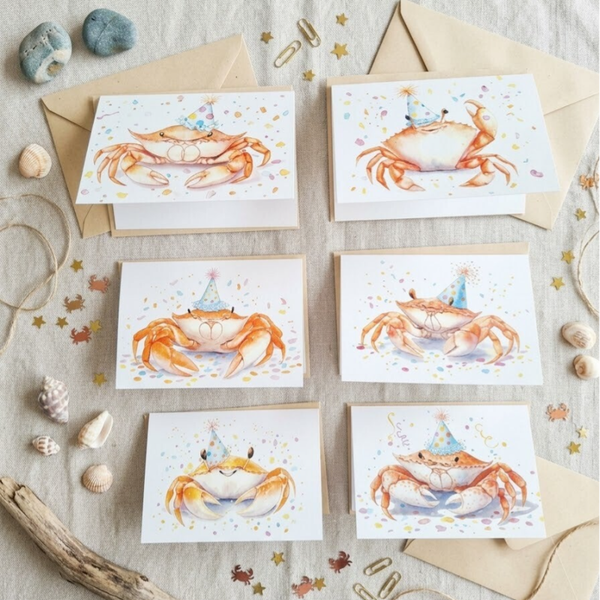 ​Feestelijke Krabben Wenskaarten – Vrolijke Aquarelkaarten voor Elk Feestje! 🦀🎉