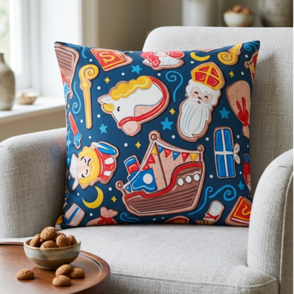 Kleurrijk Sinterklaas Koekjes Kussen Donkerblauw (45 x 45 cm)