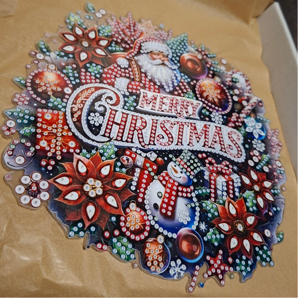 Diamond Painting Kerstkrans Set – Kerstman, Sneeuwpop & "Merry Christmas"