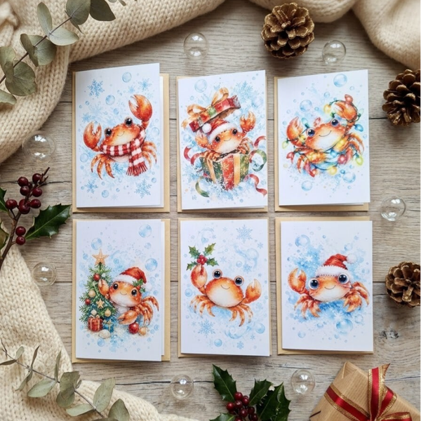 ​Unieke Aquarel Kerstkaarten met Schattige Krabbetjes 🦀🎄