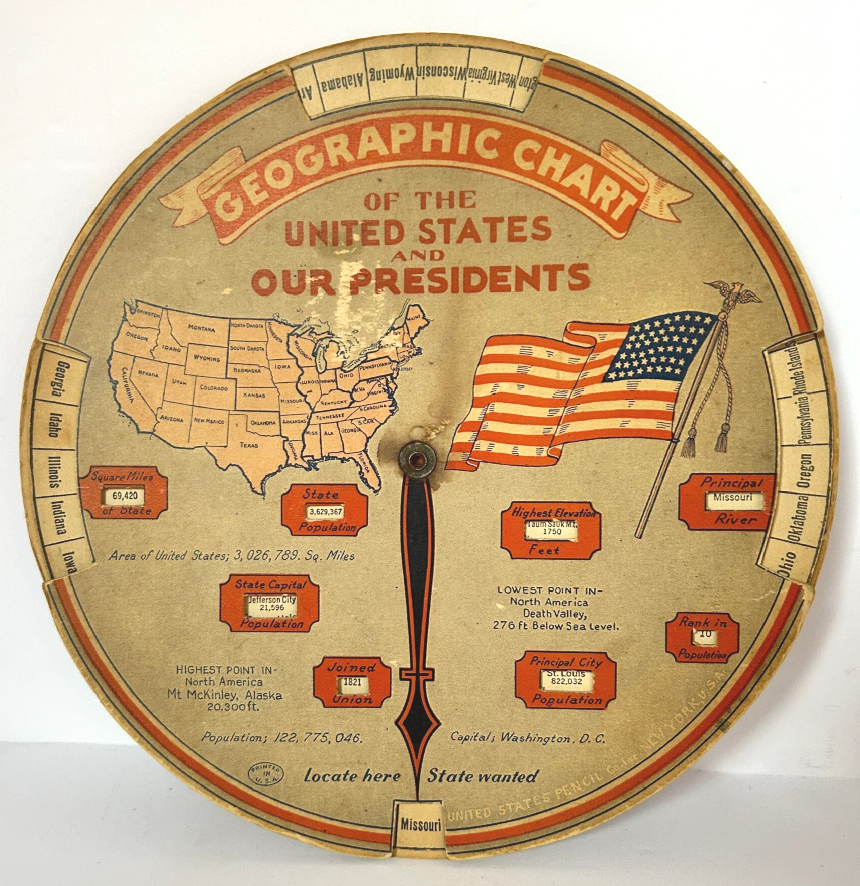 Vintage 1931 Geographic & Presidents Wheel Chart | Historic U.S. Educational Collectible