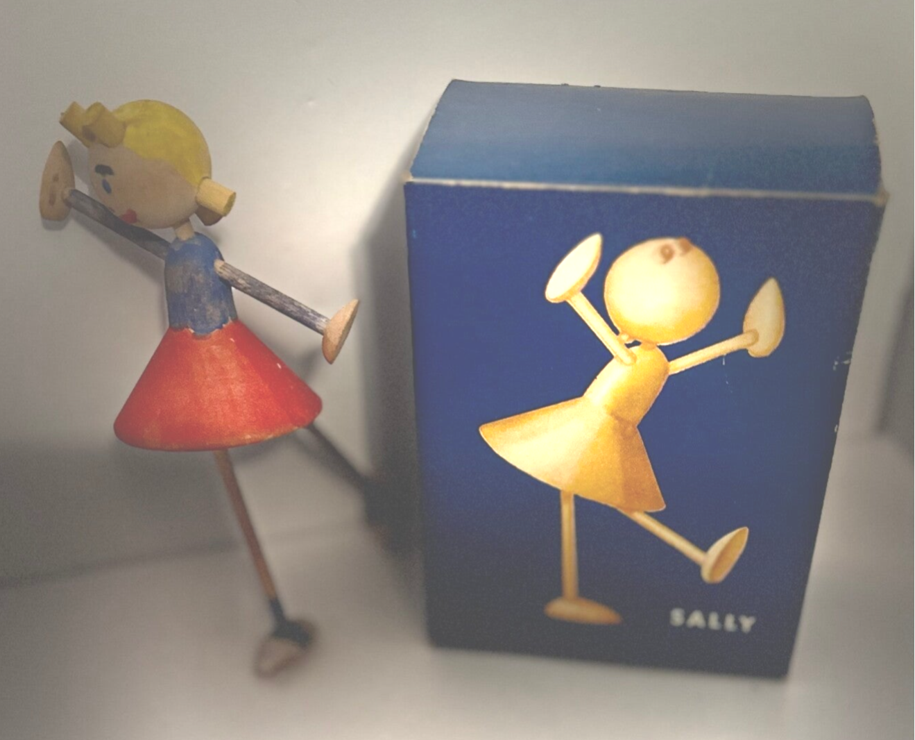 1950s Vintage Folk Art Wooden Stick Doll – “Sally” Handcrafted Collectible Toy