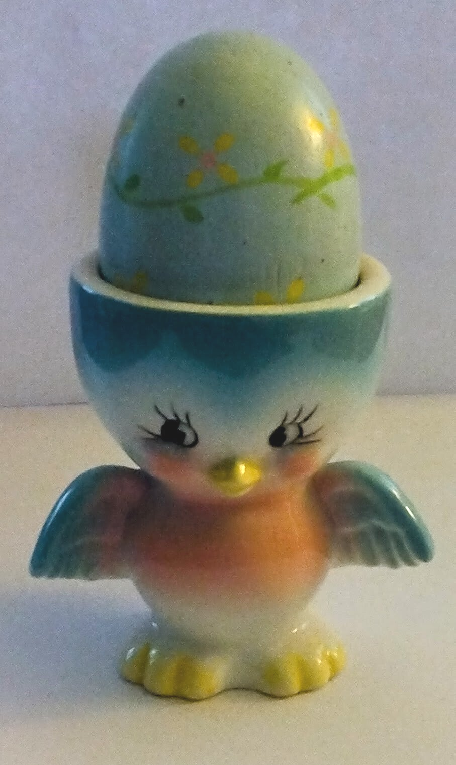 Vintage Bluebird Kitsch Egg Cup with Flower Egg