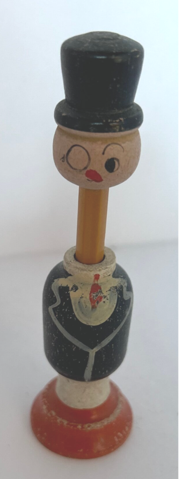 Vintage Wooden Pencil Holder – Hand-Carved & Hand-Painted Man with Top Hat | Collectible Desk Accessory