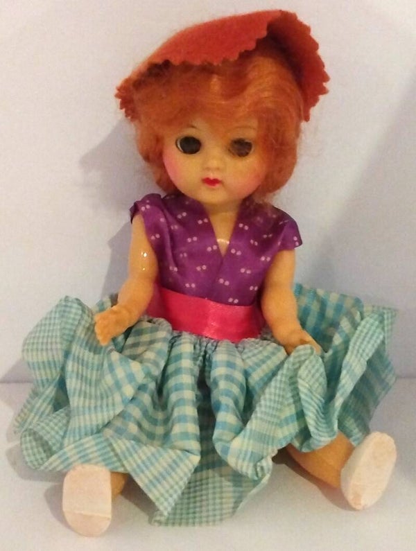 Vintage Red-Haired Hard Plastic Doll in Blue Skirt & Purple Blouse