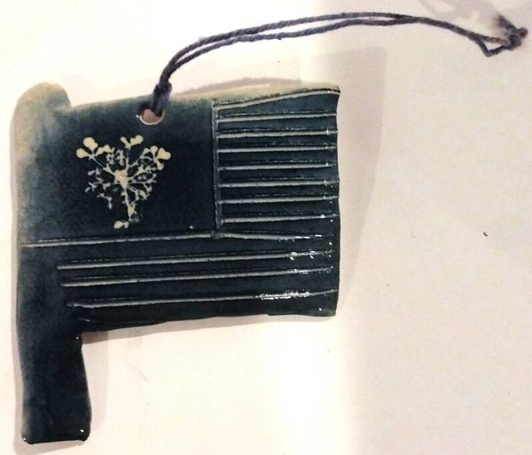 Iron & Lace Blue Ceramic American Flag Christmas Ornament with Snowflake Stars