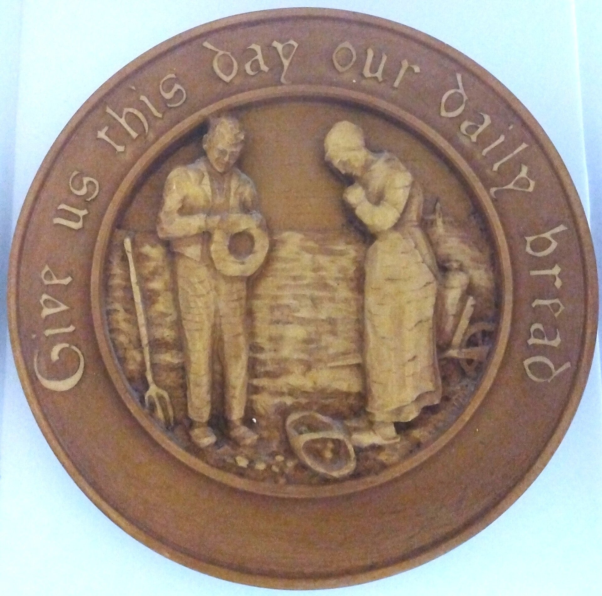 Vintage Village Gifts Exclusive Wall Plaque – “Give Us Our Daily Bread” Carved Scene, 8¾"
