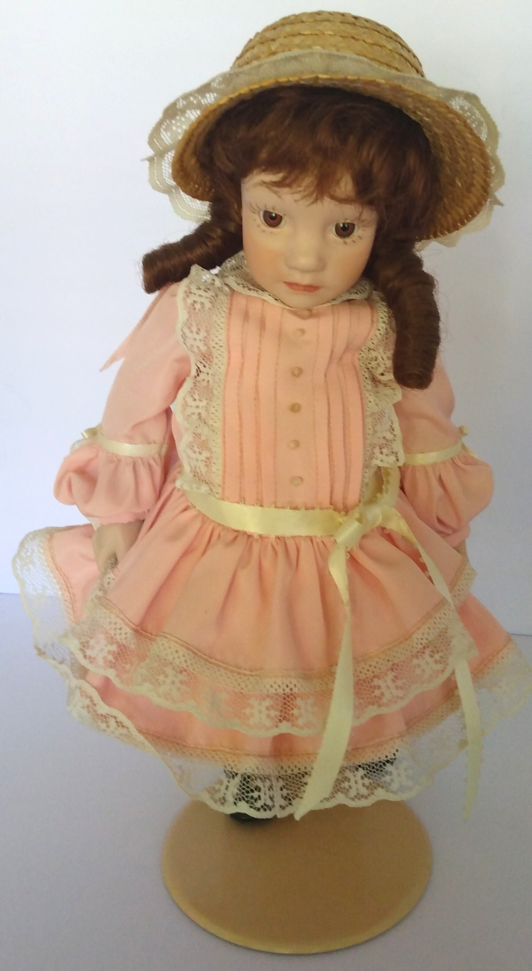 Vintage 13" Porcelain Curly-Haired Doll with Stand | Collectible Antique Doll