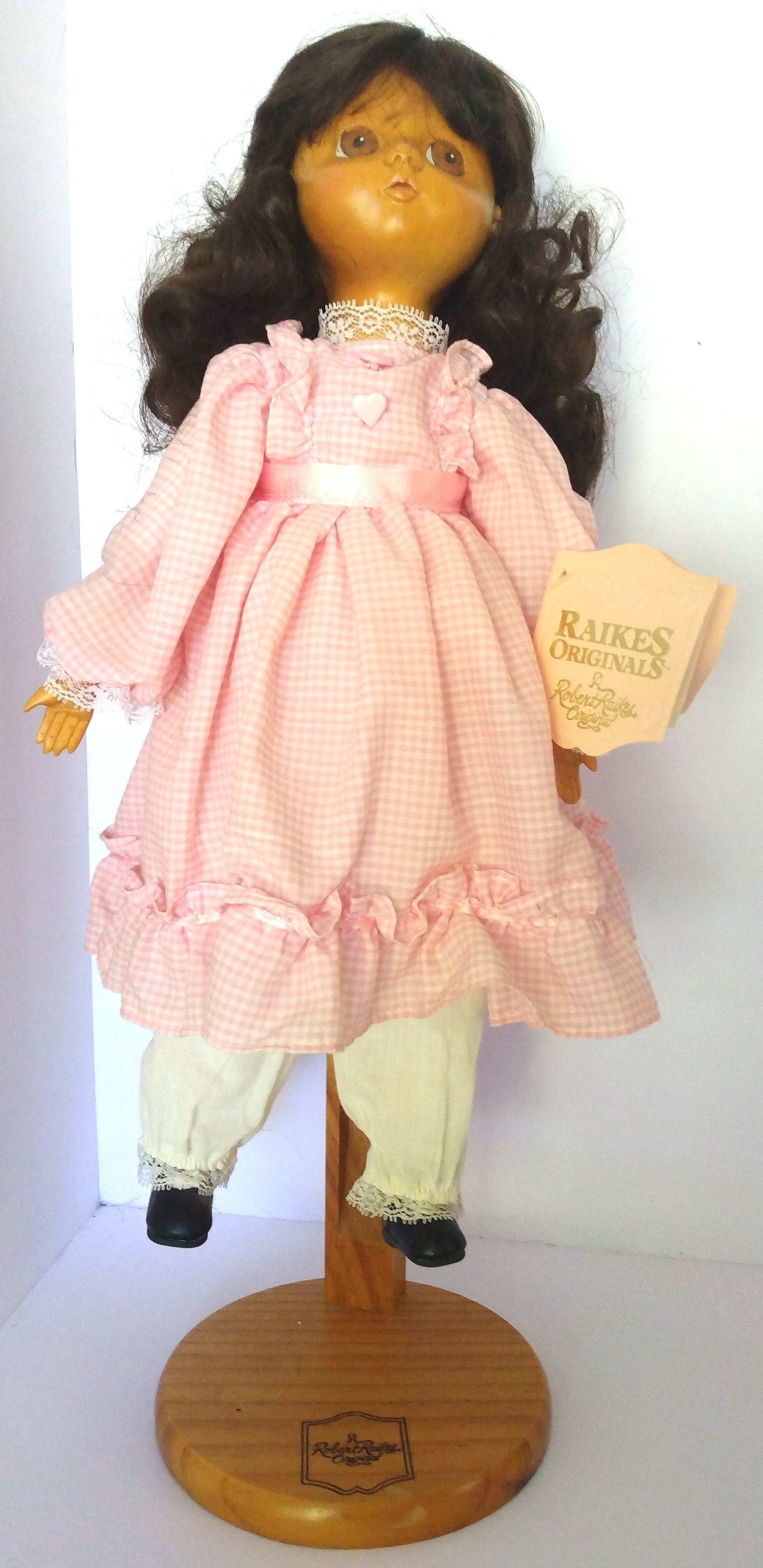 Vintage 16" Raikes Wooden Face Molly Doll with Stand | Collectible Antique Doll