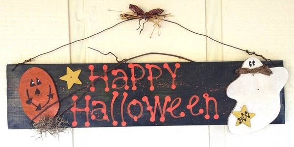 Halloween “Happy Halloween” Wall Hanging Sign with Ghost & Pumpkin | 7" x 24" Spooky Seasonal Décor