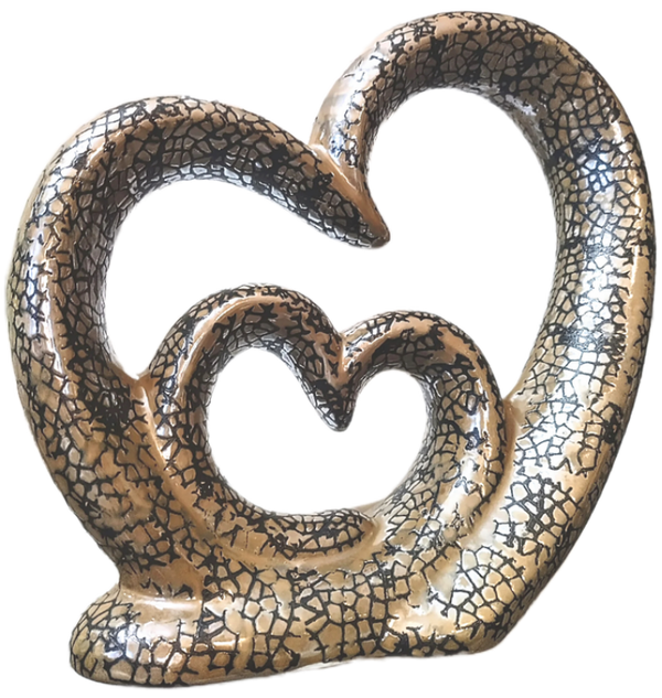 9.2" Latte Brown Colored Viper Pattern Design Double Heart Abstract Glass Sculpture