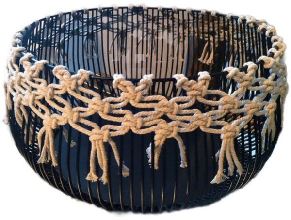 12" Macrame Embellished Black Metal Wire Basket