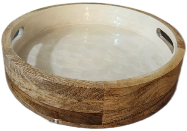 12.2" Decorative Pearl White Resin Flat Brush Petal Design Wooden Ottoman/Coffee Table Tray