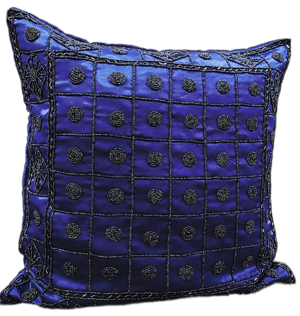 17×17 Royal Blue Satin India Inspired Bead Embroidery Throw Pillow with Zip Closure