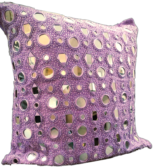 17×17 Lavender Purple Satin India Inspired Mirrored & Bead Embroidery Throw Pillow with Zip Closure