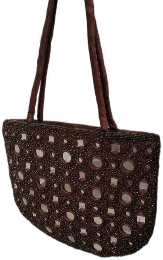 Brown Satin India Inspired Mirrored & Bead Embroidery Handbag