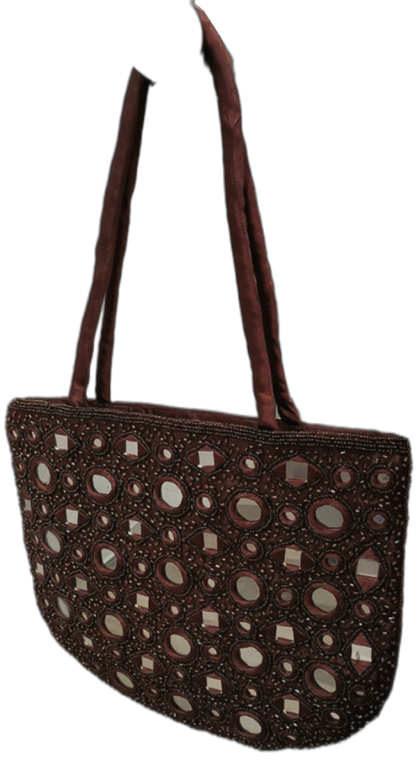 13×11 Brown Satin India Inspired Mirrored & Bead Embroidery Handbag