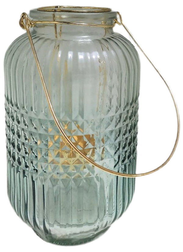 Decorative Embossed Green Turquoise Ombre Tone Ribbed Glass Candle Lantern With Gold Tone Wire