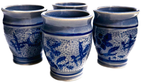 Set of 4 Vintage Glazed Blue Pottery Cups