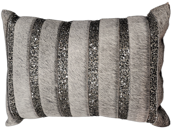 12×18 Grey Natural Hide with Sequins & Bead Embroidery Decorative Throw Pillow with Zip Closure