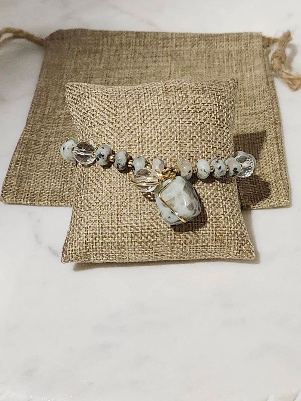 Handcrafted Gemstone Bracelet (Kiwi Jasper, Quartz, & gold tone Hematite)