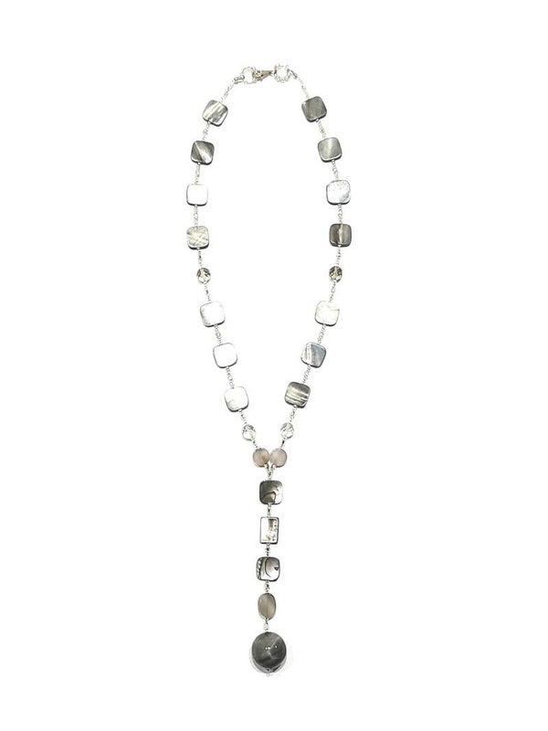 Lariat Shell & Agate with Quartz & Jasper Gemstone Beaded Necklace & Earrings Set