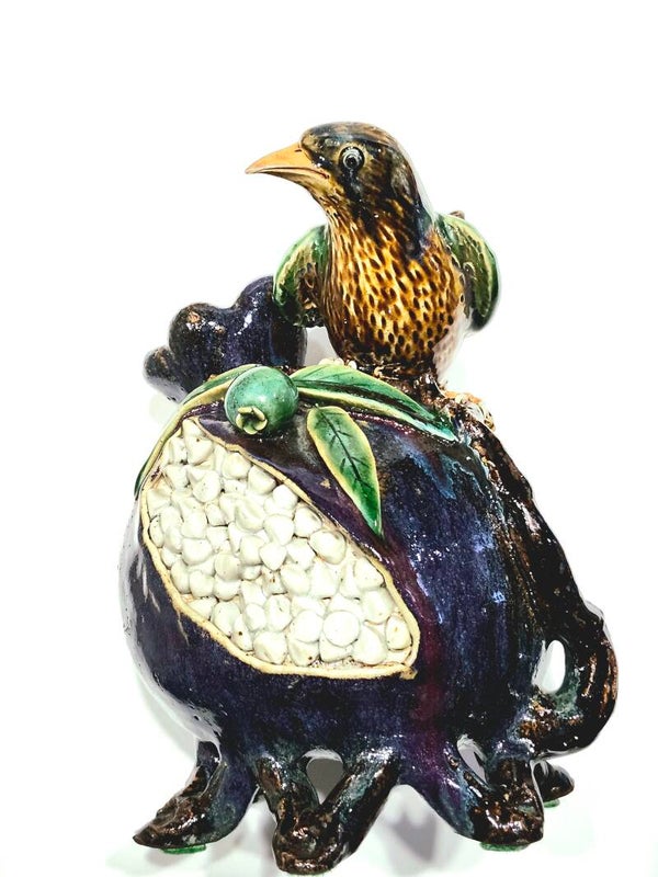 Vintage Chinese Guangdong Pottery Vase Bird Perched on Pomegranate Fruit