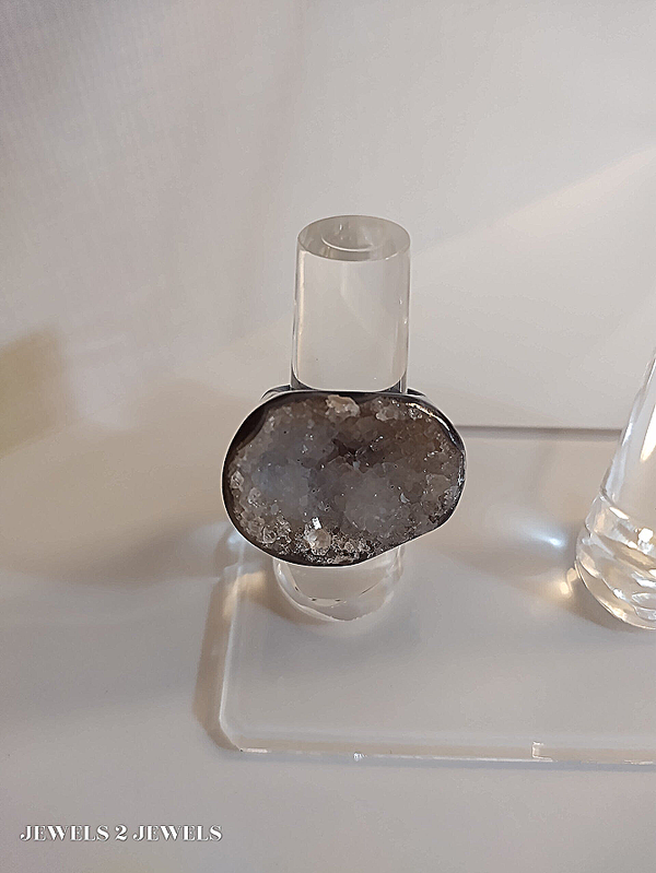 Blue-White-Brown-Black Agate Druzy Carved Gemstone Ring - Size 8 (119355-101)