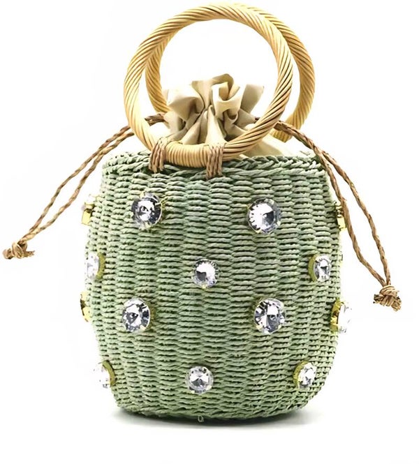 Green Rattan Style Embellished with Rhinestones Handbag