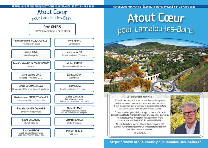 Liste élection municipale 2026 Lamalou les bains Atout Coeur de Lamalou Les Bains par René Ginieis